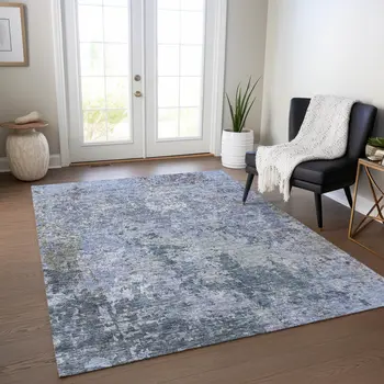 9' X 12' Blue And Dark Gray Abstract Washable Indoor Outdoor Area Rug