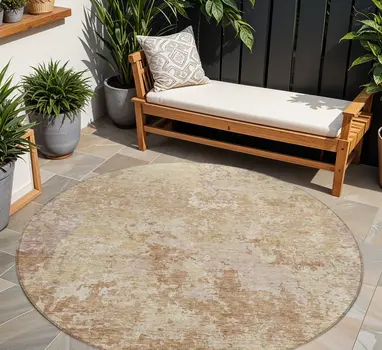 8' Copper And Beige Round Abstract Washable Indoor Outdoor Area Rug