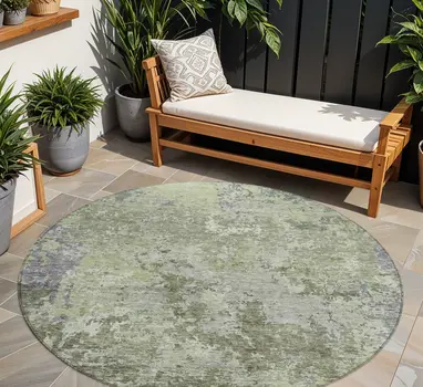 8' Green And Gray Round Abstract Washable Indoor Outdoor Area Rug