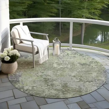 8' Green And Gray Round Abstract Washable Indoor Outdoor Area Rug