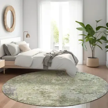 8' Green And Gray Round Abstract Washable Indoor Outdoor Area Rug