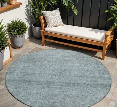 8' Blue And Ivory Round Abstract Washable Indoor Outdoor Area Rug