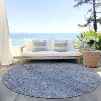 8' Sky Blue And Ivory Round Abstract Washable Indoor Outdoor Area Rug