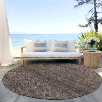 8' Coffee And Ivory Round Geometric Washable Indoor Outdoor Area Rug