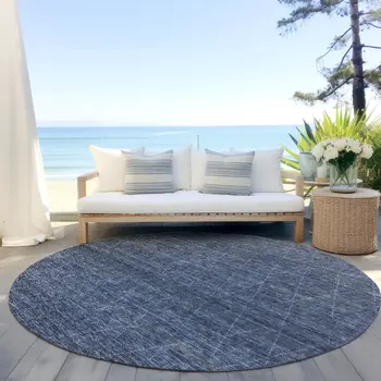 8' Navy Blue And Ivory Round Geometric Washable Indoor Outdoor Area Rug
