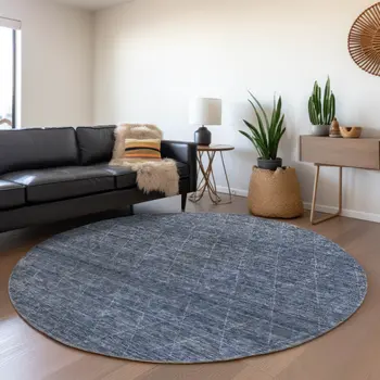 8' Navy Blue And Ivory Round Geometric Washable Indoor Outdoor Area Rug