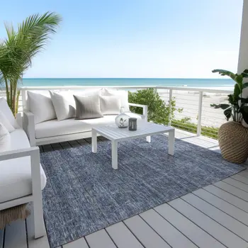 9' X 12' Navy Blue And Ivory Geometric Washable Indoor Outdoor Area Rug