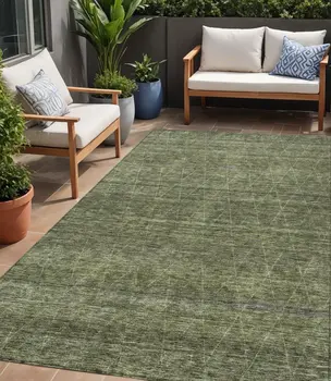 5' X 8' Olive Green And Ivory Geometric Washable Indoor Outdoor Area Rug