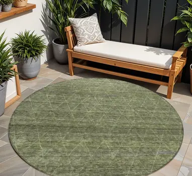 8' Olive Green And Ivory Round Geometric Washable Indoor Outdoor Area Rug