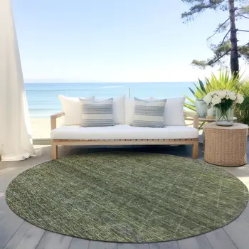 8' Olive Green And Ivory Round Geometric Washable Indoor Outdoor Area Rug