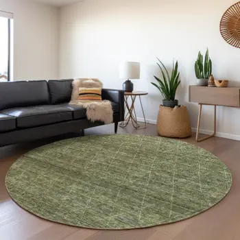 8' Olive Green And Ivory Round Geometric Washable Indoor Outdoor Area Rug