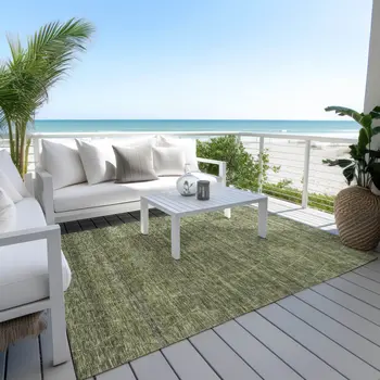 9' X 12' Olive Green And Ivory Geometric Washable Indoor Outdoor Area Rug