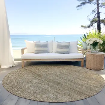 8' Wheat And Ivory Round Geometric Washable Indoor Outdoor Area Rug