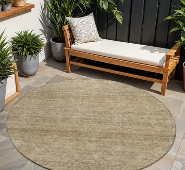 8' Wheat And Ivory Round Geometric Washable Indoor Outdoor Area Rug