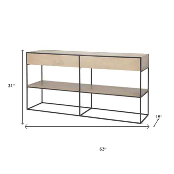 63" Natural and Black Solid Wood and Metal Frame Console Table With Shelf And With Two Drawers