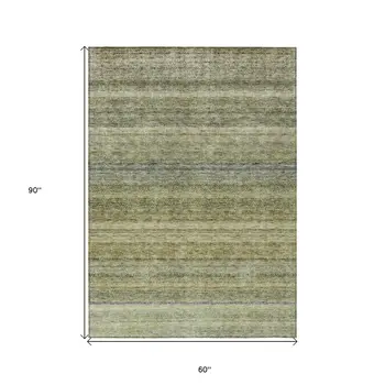 5' X 8' Artichoke Green And Gray Striped Washable Indoor Outdoor Area Rug