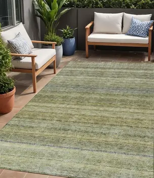 5' X 8' Artichoke Green And Gray Striped Washable Indoor Outdoor Area Rug