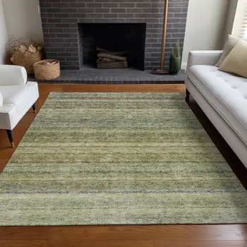 5' X 8' Artichoke Green And Gray Striped Washable Indoor Outdoor Area Rug
