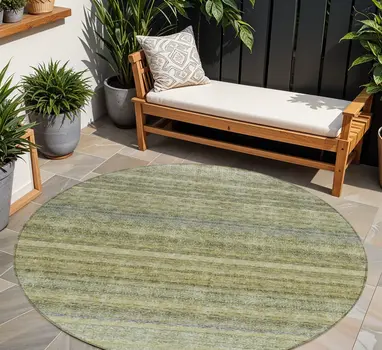 8' Artichoke Green And Gray Round Striped Washable Indoor Outdoor Area Rug