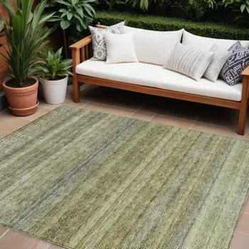 8' X 10' Artichoke Green And Gray Striped Washable Indoor Outdoor Area Rug