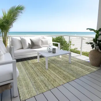 10' X 14' Artichoke Green And Gray Striped Washable Indoor Outdoor Area Rug