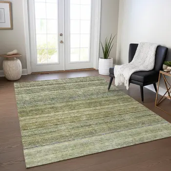 10' X 14' Artichoke Green And Gray Striped Washable Indoor Outdoor Area Rug