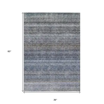 3' X 5' Blue And Gray Striped Washable Indoor Outdoor Area Rug