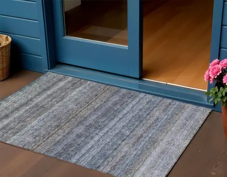 3' X 5' Blue And Gray Striped Washable Indoor Outdoor Area Rug