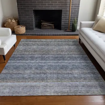 3' X 5' Blue And Gray Striped Washable Indoor Outdoor Area Rug