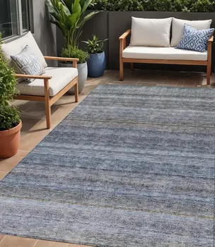5' X 8' Blue And Gray Striped Washable Indoor Outdoor Area Rug