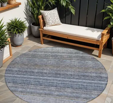 8' Blue And Gray Round Striped Washable Indoor Outdoor Area Rug