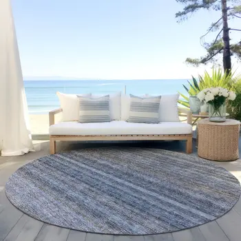 8' Blue And Gray Round Striped Washable Indoor Outdoor Area Rug