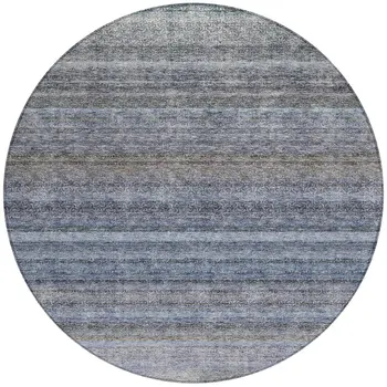 8' Blue And Gray Round Striped Washable Indoor Outdoor Area Rug