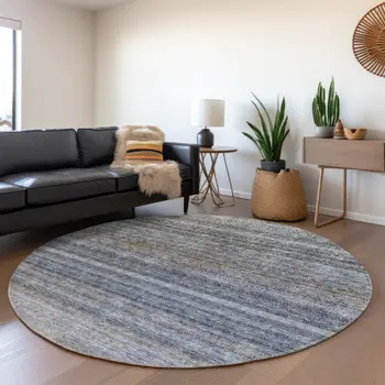 8' Blue And Gray Round Striped Washable Indoor Outdoor Area Rug