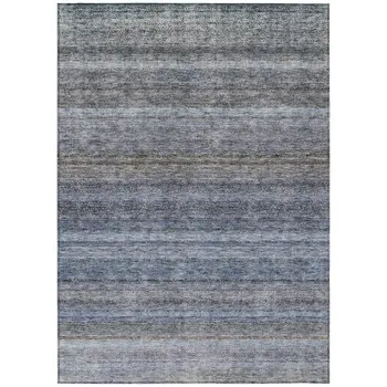 9' X 12' Blue And Gray Striped Washable Indoor Outdoor Area Rug
