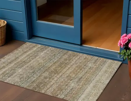 3' X 5' Copper And Green Striped Washable Indoor Outdoor Area Rug