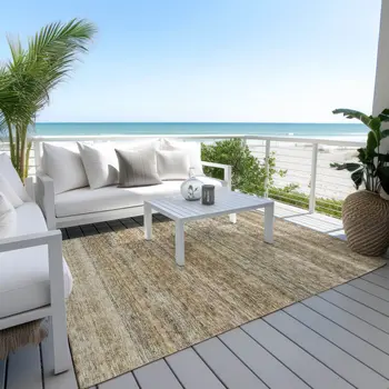 5' X 8' Copper And Green Striped Washable Indoor Outdoor Area Rug