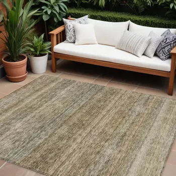 10' X 14' Copper And Green Striped Washable Indoor Outdoor Area Rug