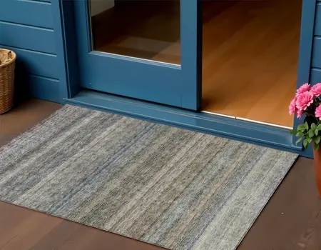 3' X 5' Taupe And Green Striped Washable Indoor Outdoor Area Rug