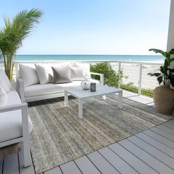 3' X 5' Taupe And Green Striped Washable Indoor Outdoor Area Rug