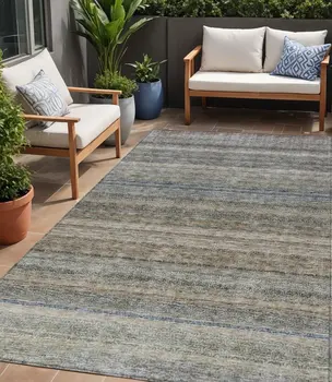 5' X 8' Taupe And Green Striped Washable Indoor Outdoor Area Rug
