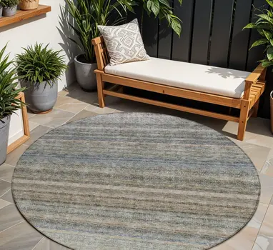 8' Taupe And Green Round Striped Washable Indoor Outdoor Area Rug
