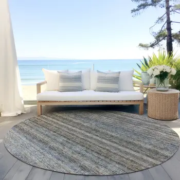 8' Taupe And Green Round Striped Washable Indoor Outdoor Area Rug