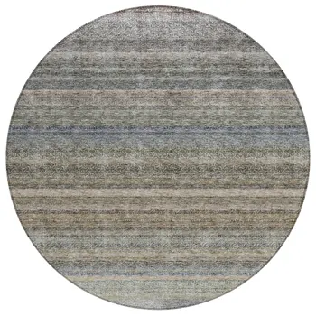 8' Taupe And Green Round Striped Washable Indoor Outdoor Area Rug