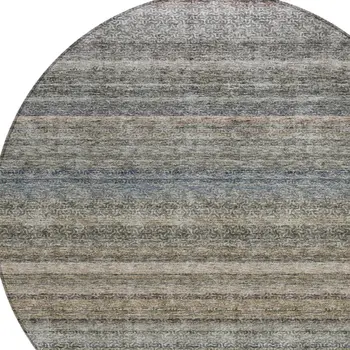 8' Taupe And Green Round Striped Washable Indoor Outdoor Area Rug