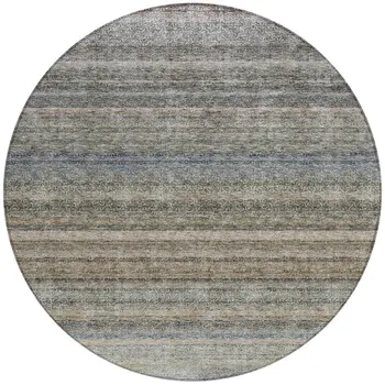 8' Taupe And Green Round Striped Washable Indoor Outdoor Area Rug