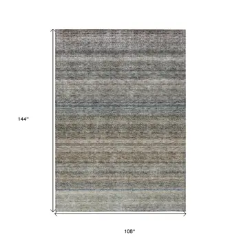 9' X 12' Taupe And Green Striped Washable Indoor Outdoor Area Rug
