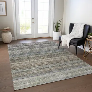 9' X 12' Taupe And Green Striped Washable Indoor Outdoor Area Rug