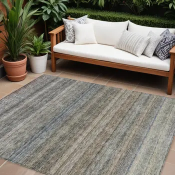 10' X 14' Taupe And Green Striped Washable Indoor Outdoor Area Rug