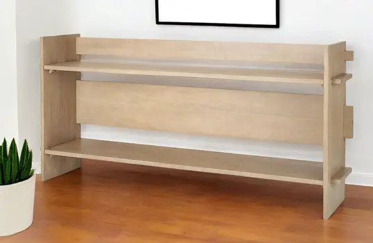 76" Natural and Brown Solid Wood Sled Console Table With Two Shelves